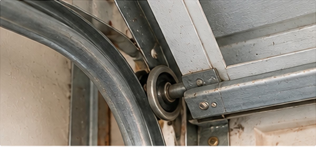 Garage door technician inspecting track, roller and cable hardware