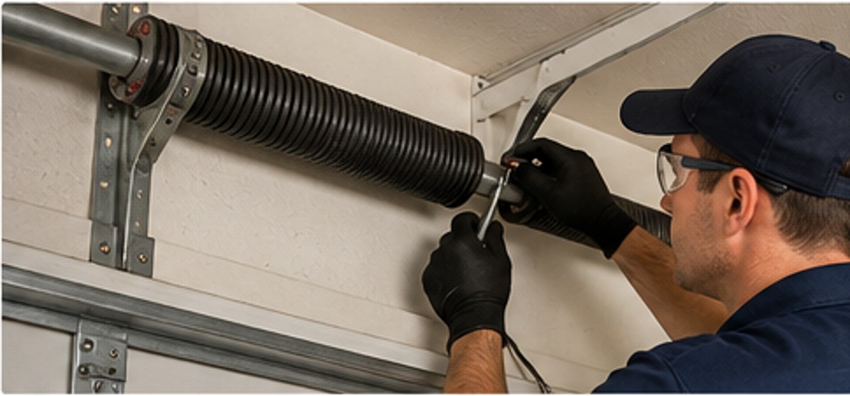 Technician inspecting garage door panel and spring hardware after damage