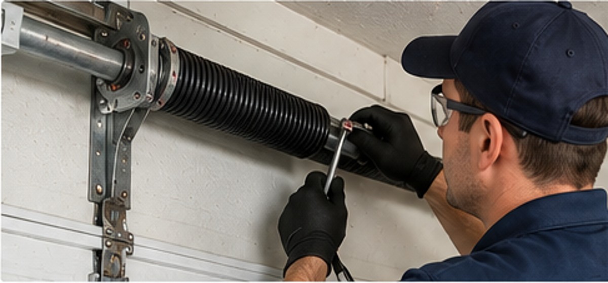 Garage door technician inspecting safety and door hardware