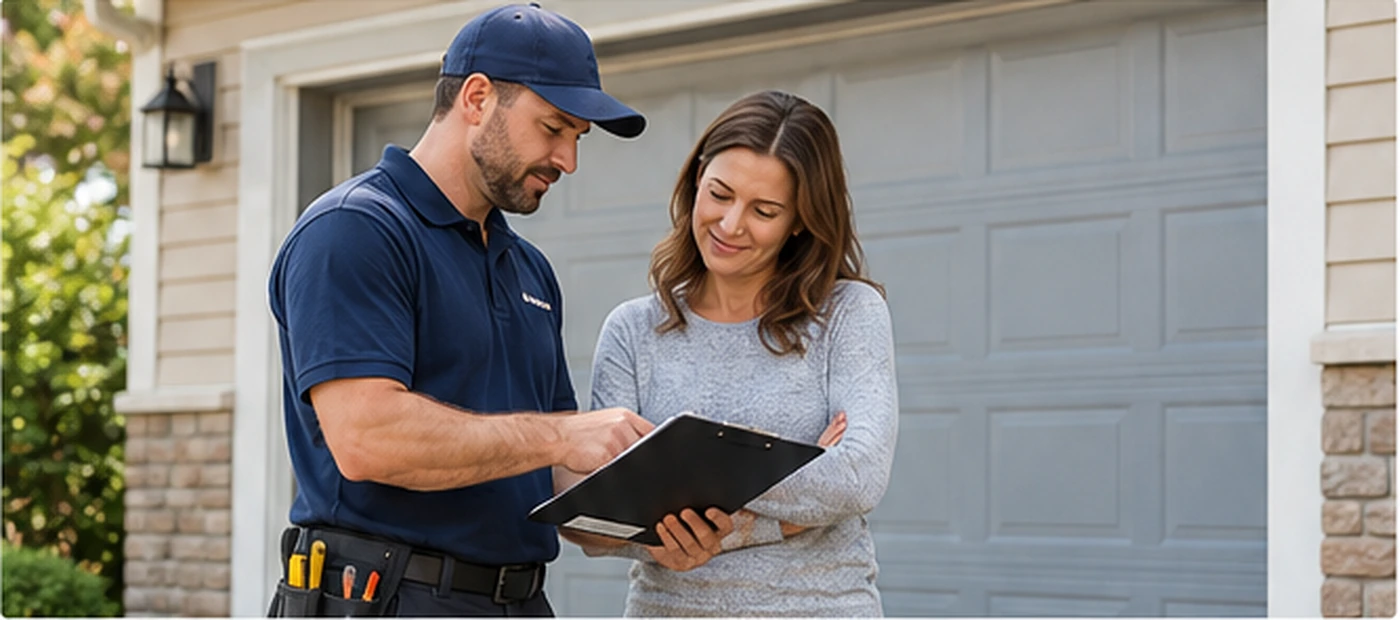 Garage door professional reviewing a repair estimate with a homeowner outside a residential garage
