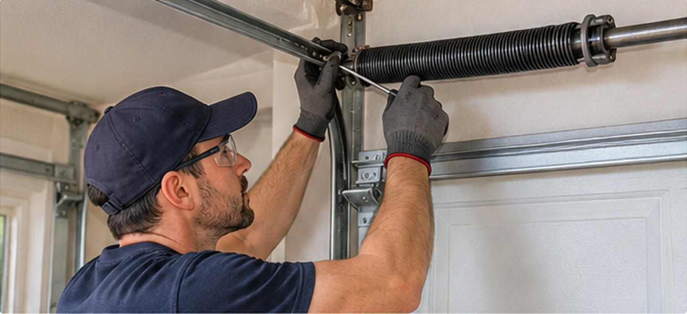 Garage door professional inspecting the spring and track area of a residential garage door