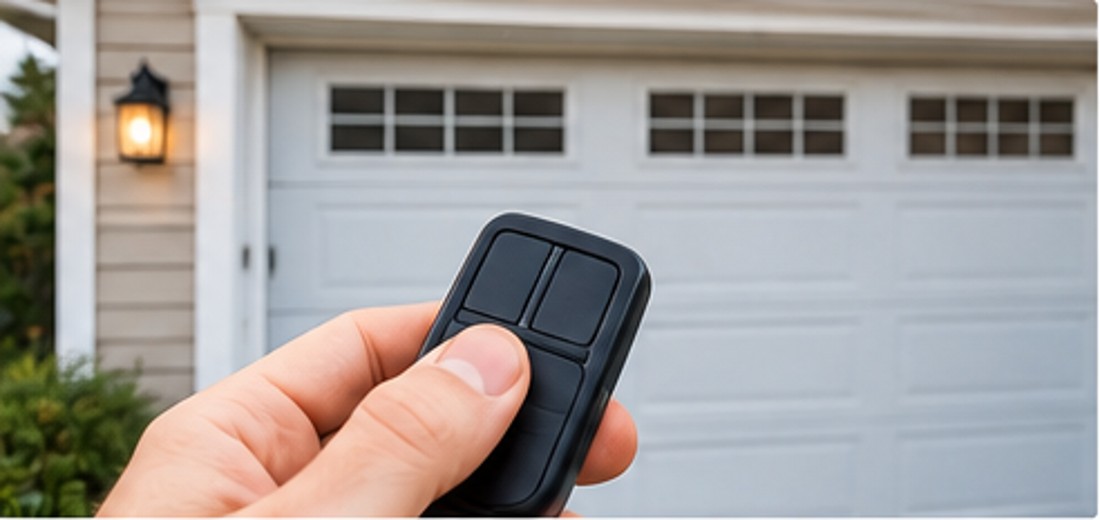 Hand holding a garage door remote in front of a residential garage door