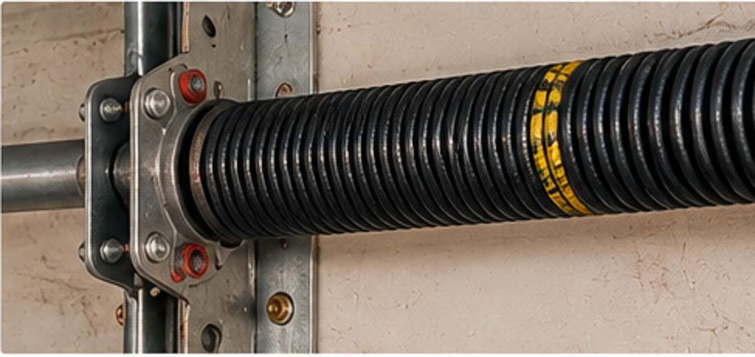 Close-up of a garage door torsion spring and shaft