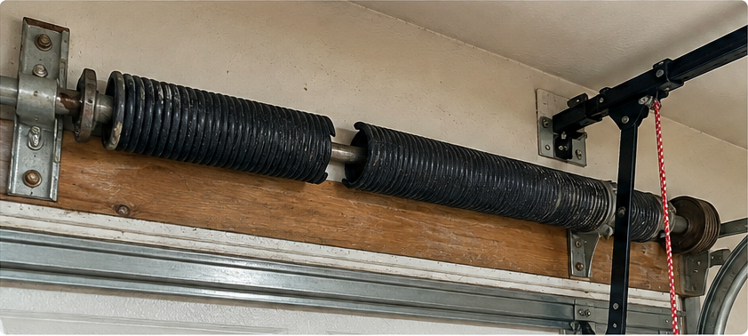 Broken torsion spring above a residential sectional garage door