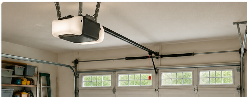 Residential ceiling-mounted garage door opener, rail and sectional garage door